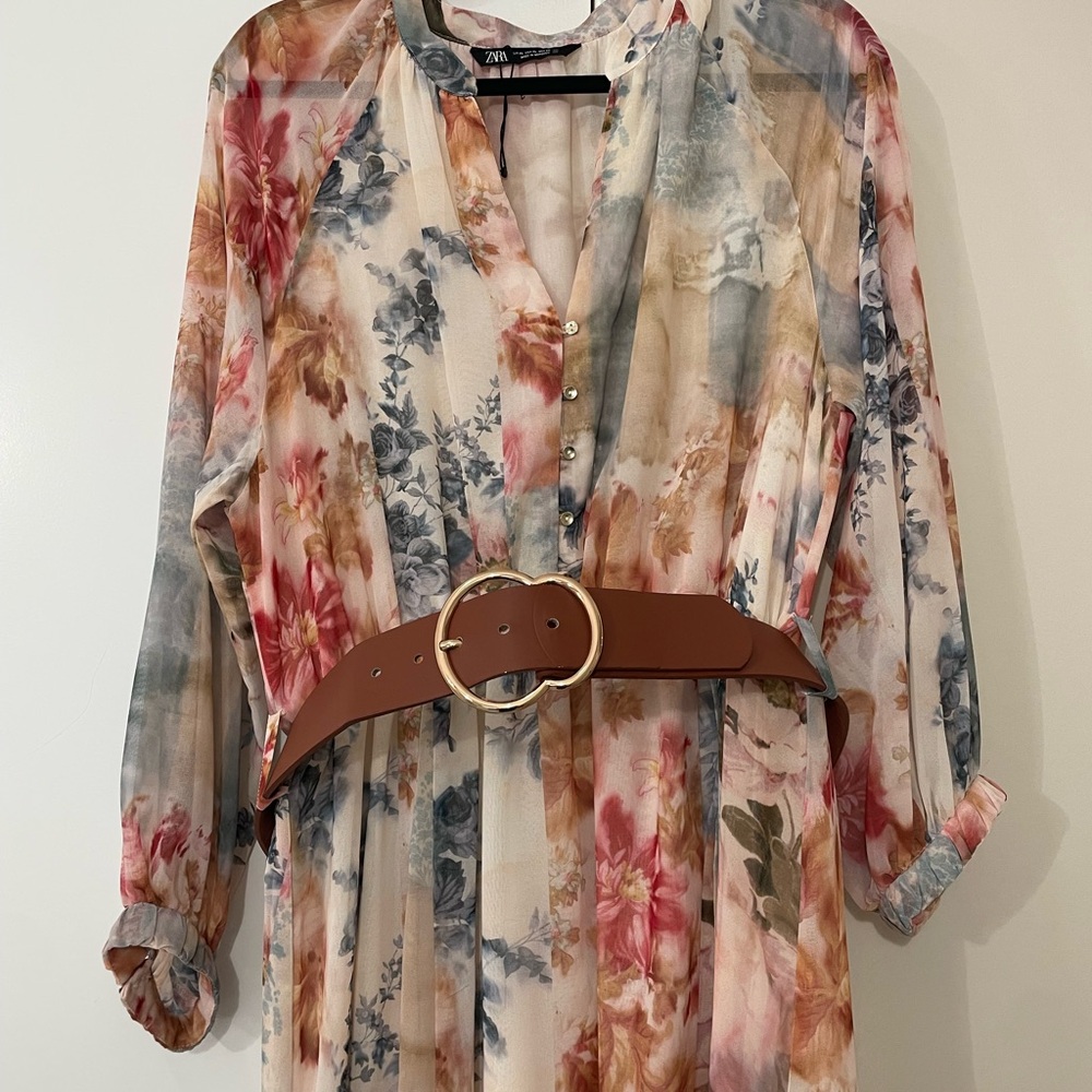 Zara Multicolor Floral Dress with Brown Belt